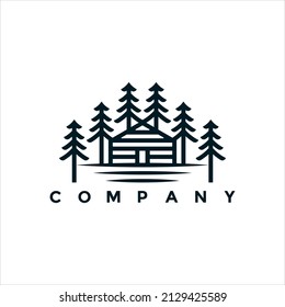 Wooden house in the pine forest logo design illustration for your business