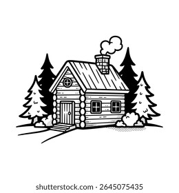 Wooden house in pine forest with path and smoke chimney – Vector Illustration