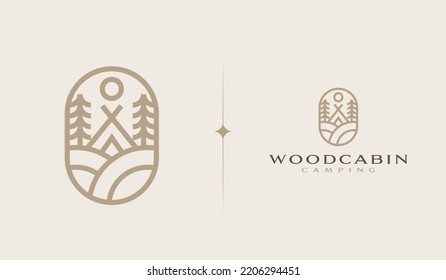 Wooden House Pine Tree Logo Template. Universal Creative Premium Symbol. Vector Sign Icon Logotype