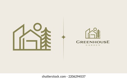 Wooden House Pine Tree Logo Template. Universal creative premium symbol. Vector sign icon logotype