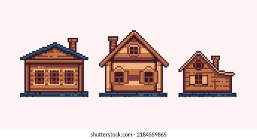 Wooden House Pixel Art Set. Cozy Log Cabin Collection. 8 Bit Sprite. Game Development, Mobile App. Isolated Vector Illustration.	
