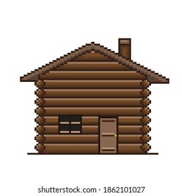 Wooden house pixel art. Vector picture.