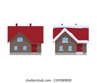 Wooden house with red roof summer and winter option. Cartoon house in flat design.