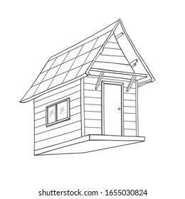 Wooden House with roof exterior vector illustration. Vintage. Home facade with doors and windows. Country house in sketch style.