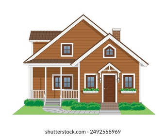 Wooden House with Side Terrace front view in color brown and white, vector illustration isolated on white background, eps