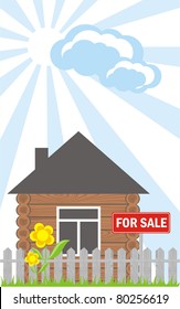 wooden house with a sign for sale
