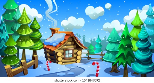 Wooden house in the snowy forest. Christmas vector illustration.