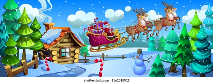 Wooden house in snowy forest. Santa Claus carries gifts in a sleigh pulled by deers. Christmas illustration. Vector.