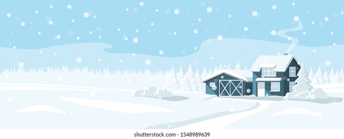 Wooden house in a snowy forest. Winter wonderland. Vector banner template.