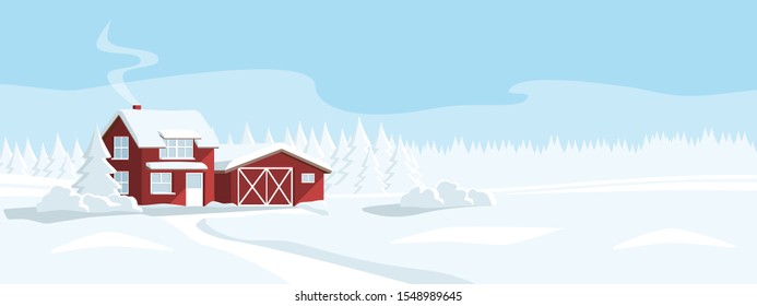 Wooden House In A Snowy Forest. Winter Wonderland. Vector Banner Template.