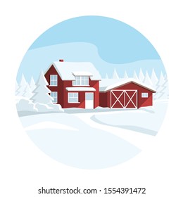 Wooden house in a snowy forest. Winter wonderland. Vector template.