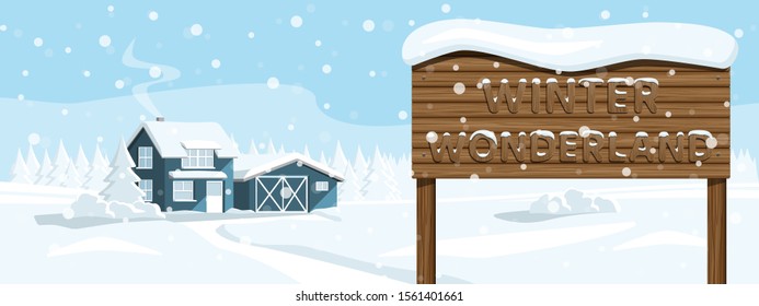 Wooden house in a snowy forest. Winter wonderland. Vector banner.