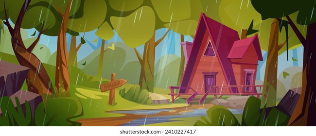 Wooden house standing in forest under rain. Cartoon wet weather summer landscape of woodland with signboard near path leading to small shack, green trees and puddles. Rainy gloomy and overcast scenery