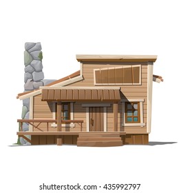 Wooden house with stone chimney. Vector.