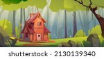 Wooden house in summer forest. Old shack, uninhabited forester or witch hut in deep wood with falling sun beams among green trees and rocks around, pc game background, Cartoon vector illustration