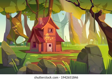 Wooden house in summer forest. Old shack in woods