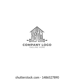 wooden house technology logo vector icon ilustration
