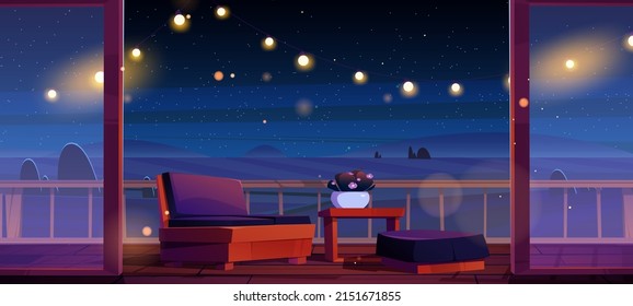 Wooden house terrace or balcony in countryside at night. Vector cartoon illustration of dark rural landscape with fields and cottage veranda or patio with couch and table at evening