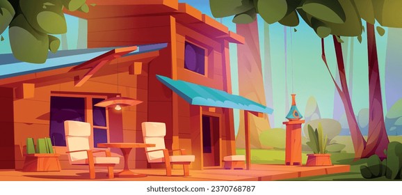 Wooden house with terrace in forest. Cartoon vector summer landscape of woodland with green trees and small house with armchairs and table on patio. Veranda with furniture for outdoor relaxation.