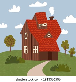 Wooden House with trees and bushes. Summer landscape with clouds . Flat Vector Illustration EPS10.