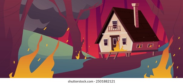 Wooden house with a triangular roof and a chimney is on fire. Thick smoke. Forest fire. Red glow. Summer camping. Ban on making fires. Irresponsibility concept. Horizontal banner. Vector illustration.