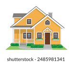 Wooden House Two Roof with Side Terrace front view in color yellow, brown and white, vector illustration isolated on white background, eps