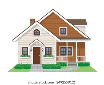 Wooden House Two Roof with Side Terrace front view in color brown and pearl white, vector illustration isolated on white background, eps