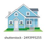 Wooden House Two Story with Side Terrace front view in color arctic blue and white, vector illustration isolated on white background, eps