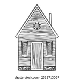 Holzhaus, Vektorgrafik. Zeichnung von Rustikalkabine mit Kamin auf isoliertem Hintergrund im linearen Stil. Handgezeichnetes altes Häuschen aus Holz. Schwarze Ätzung von Landschaftsgebäuden für Design.