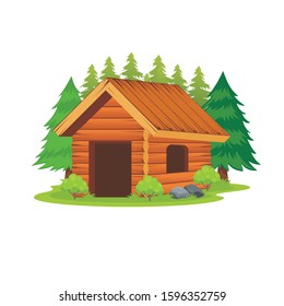 Wooden House Vector Illustration with green grass, trees and stone on the yard