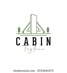 Wooden House, Village Cabin Cottage with Pine Evergreen Fir Trees for Adventure Outdoor Holiday Camp logo design