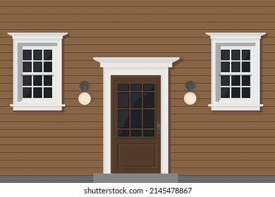 wooden house with white windows and white door brown
