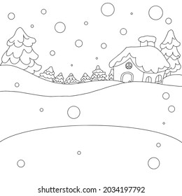 Wooden house in winter forest hand drawn  cartoon vector illustration .Black and white.outline.coloring book