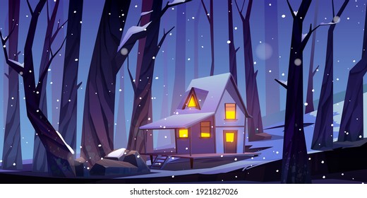 Wooden house in winter forest at night. Forester shack with glow windows and white snow on roof. Vector cartoon landscape of snowy woods with cottage and bare trees