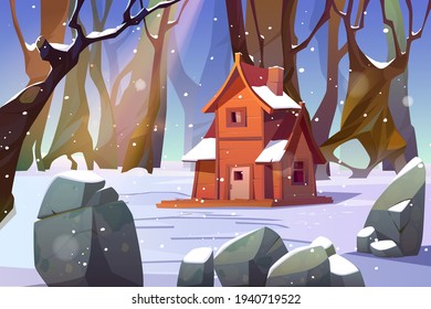 Wooden house in winter forest. Old shack in wood