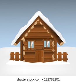 Wooden house with winter landscape