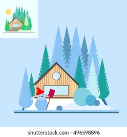 Wooden house in the woods on the edge of the forest. Set of summer and winter landscape in flat style. Snowman in a red cap with a shovel. Taiga. Coniferous trees.

