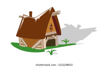 wooden house.green lawn.summer heat, shade from the house and plants.vector illustration.isolated on a white background.print.textiles,wallpaper,background.design for your business.