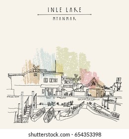 Wooden houses and boats on Inle lake, Myanmar (Burma). Waterfront. Nyaung Shwe village. Rural Burmese landscape. Travel sketch, artistic drawing. Vintage touristic postcard. Vector eps 10 illustration