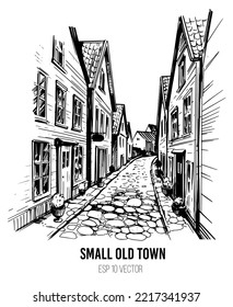 Wooden houses on a narrow street. old town. Vector sketch illustration
