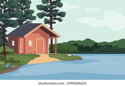 Wooden houses. Traditional cozy houses for outdoor recreation. A house by the river. Vector illustration