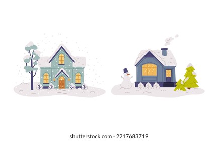 Wooden houses in winter landscape with glowing windows. snowy rooftops and smoke in chimney flat vector illustration