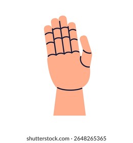 Mão humana de madeira, manequim artificial com dedos de madeira, articulações e modelo de palma. Referência de desenho de anatomia, ferramenta de manequim para estudo de arte. Ilustração de vetor plano isolada no plano de fundo branco