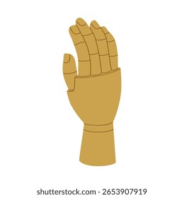 Wooden human hand. Artists tool, artificial mannequin for drawing. Hand drawn vector illustration isolated on white background, modern flat cartoon style.