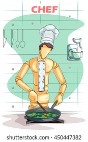 Wooden human mannequin Chef cooking in kitchen. Vector illustration