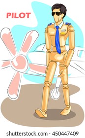 Wooden human mannequin Pilot with airplane in bacdrop. Vector illustration