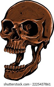 Wooden human skull carved wood carving work drawing tattoo vintage art