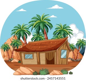 Wooden hut among palm trees in a desert oasis.
