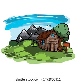 Wooden hut with apple tree in the mountains. vector artwork.
