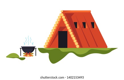 Wooden hut and campfire camping recreation on nature isolated object